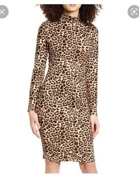 Leith Nordstrom Leopard Print Mock Neck Dress in Tan and Black